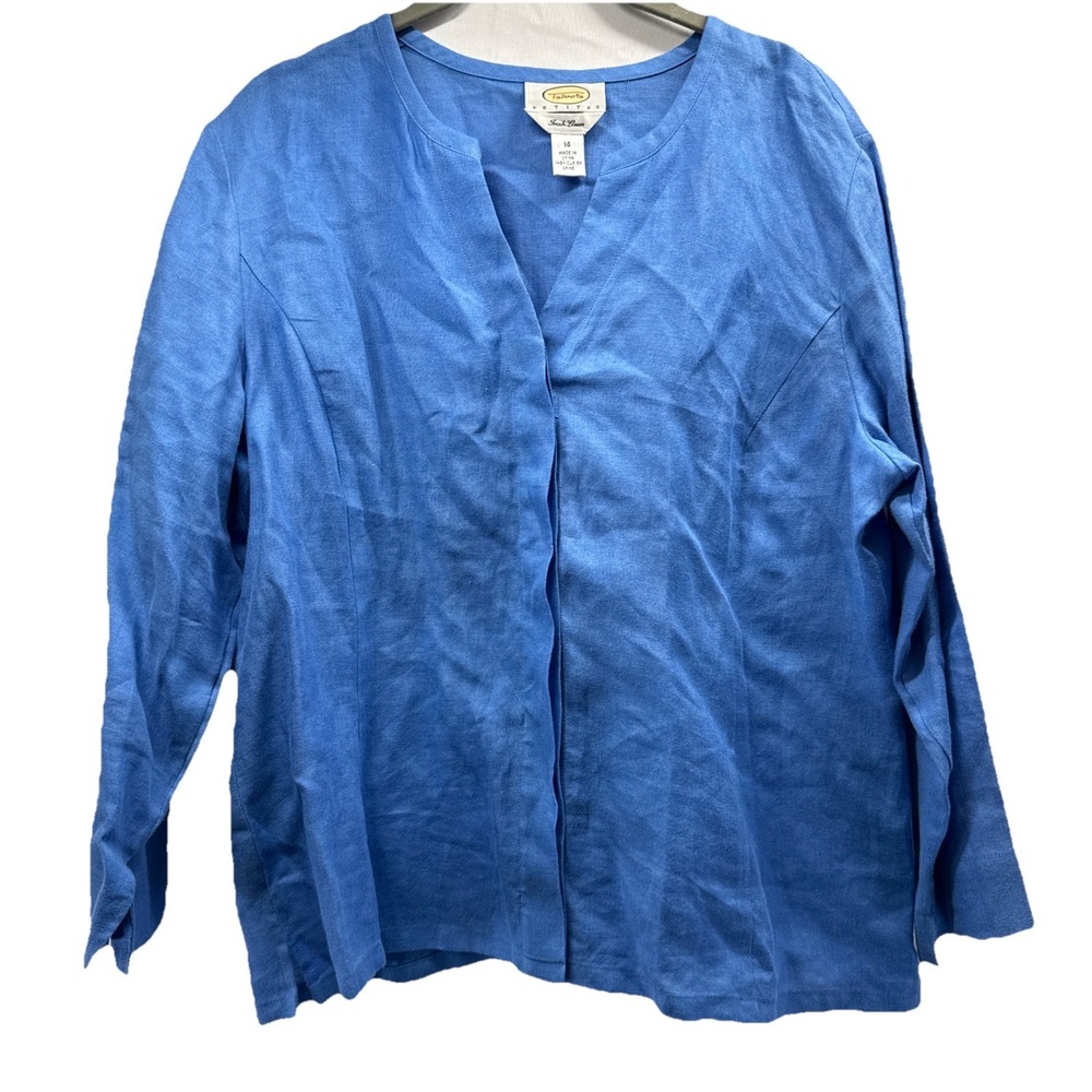 Talbots Women's Irish Linen Top Blouse Sz 14P Solid Blue Button Up Beach V Neck